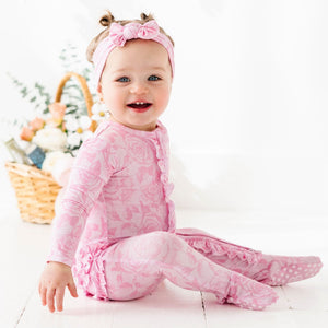 Baby Kids Bamboo Pajamas — Whispering Roses Ruffle Footie — Image 1