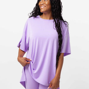 Baby Kids Bamboo Pajamas — Purple Doodles Women's Oversized T-Shirt & Biker Shorts Set — Image 1