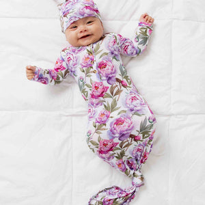 Baby Kids Bamboo Pajamas — Blooming Peotential Knotted Gown & Beanie Set — Image 1