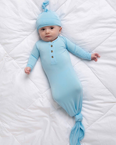 Baby Kids Bamboo Pajamas — Blue Me Away Knotted Gown & Beanie Set — Image 1
