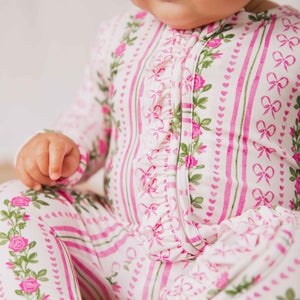 Baby Kids Bamboo Pajamas — Bowquet of Roses Ruffle Footie — Image 1