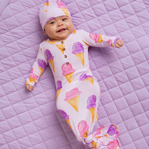 Baby Kids Bamboo Pajamas — Inside Scoop Knotted Gown & Beanie Set — Image 1
