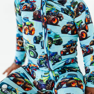 Baby Kids Bamboo Pajamas — Trucks Are My Jam Convertible Romper — Image 1