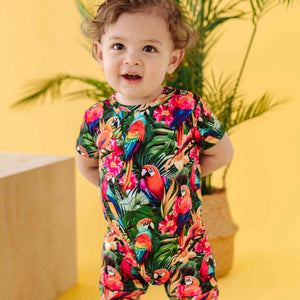 Baby Kids Bamboo Pajamas — Parrot-ise Found Shortie Romper — Image 1