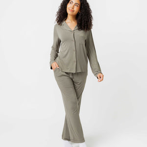 Baby Kids Bamboo Pajamas — Olive The Above Women's Long Sleeve Collar Shirt & Pants Pajama Set — Image 1