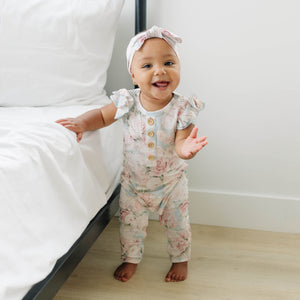 Baby Kids Bamboo Pajamas — Budding Romance Ruffle Romper - Cap Sleeves — Image 1
