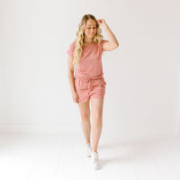 Baby Kids Bamboo Pajamas — Dusty Rose Women's Short Sleeve Shortie Romper — Image 1