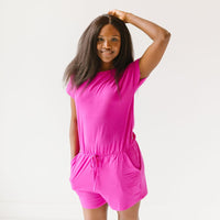 Baby Kids Bamboo Pajamas — Magenta Women's Short Sleeve Shortie Romper — Image 1