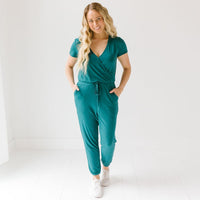 Baby Kids Bamboo Pajamas — Deep Teal Women's Short Sleeve Romper — Image 1