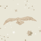 A flying owl surrounded by stars and constellations on a light background.