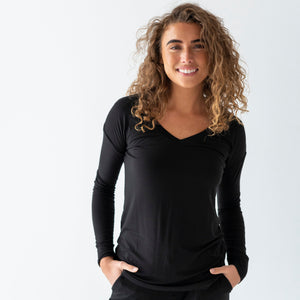 Baby Kids Bamboo Pajamas — Black Women's V-Neck Long Sleeve Shirt — Image 1