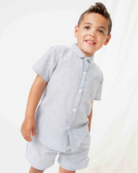 Baby Kids Bamboo Pajamas — Blue Seersucker Boys Short Sleeve Shirt — Image 1