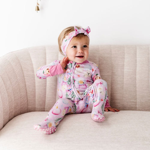 Baby Kids Bamboo Pajamas — Merry Little Pinkmas Ruffle Footie — Image 5