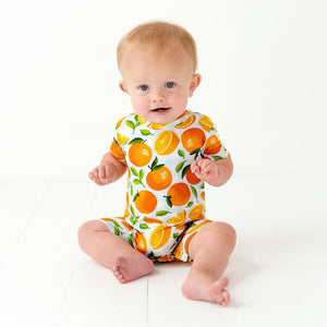 Baby Kids Bamboo Pajamas — Orange You Sweet Shortie Romper- FINAL SALE — Image 1