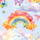 A colorful rainbow surrounded by flowers and butterflies on a blue background.