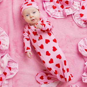 Baby Kids Bamboo Pajamas — All Heart Eyes Knotted Gown & Beanie Set — Image 1