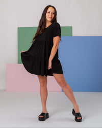 Baby Kids Bamboo Pajamas — Black Women's Short Sleeve Dress — Image 1