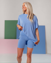 Baby Kids Bamboo Pajamas — Popsicle Blue Women's Oversized T-Shirt and Biker Shorts Set — Image 1