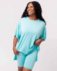 Baby Kids Bamboo Pajamas — Mint To Learn Women's Oversized T-Shirt & Biker Shorts Set — Image 1