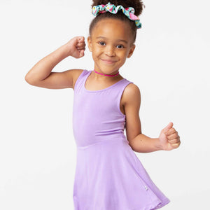 Baby Kids Bamboo Pajamas — Purple Doodles Sleeveless Twistback Dress — Image 1
