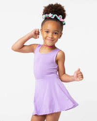 Baby Kids Bamboo Pajamas — Purple Doodles Sleeveless Twistback Dress — Image 1