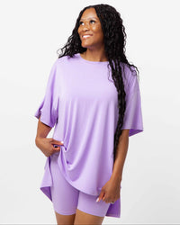 Baby Kids Bamboo Pajamas — Purple Doodles Women's Oversized T-Shirt & Biker Shorts Set — Image 1