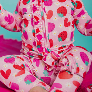 Baby Kids Bamboo Pajamas — Berry in Love Convertible Ruffle Romper — Image 1