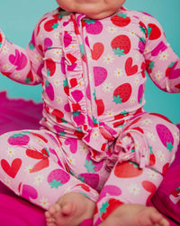 Baby Kids Bamboo Pajamas — Berry in Love Convertible Ruffle Romper — Image 1