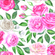 Floral pattern featuring pink and white roses with green leaves.