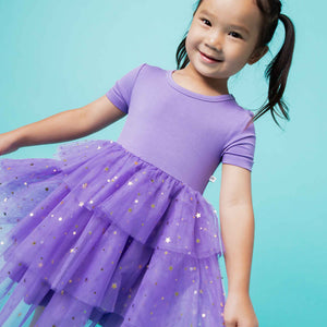 Baby Kids Bamboo Pajamas — Purple Twinkle Tulle Dress & Shorts Set — Image 1