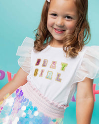 Baby Kids Bamboo Pajamas — White Birthday Girl Flutter Sleeve Top — Image 1