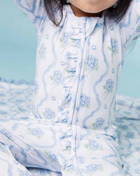 Baby Kids Bamboo Pajamas — Blue-tiful Bloom Convertible Ruffle Romper — Image 1