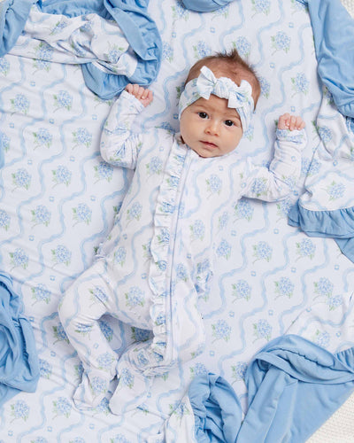 Baby Kids Bamboo Pajamas — Blue-tiful Bloom Ruffle Footie — Image 1