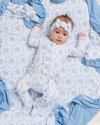 Baby Kids Bamboo Pajamas — Blue-tiful Bloom Ruffle Footie — Image 1