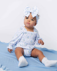 Baby Kids Bamboo Pajamas — Blue-tiful Bloom Smocked Bubble Romper — Image 1