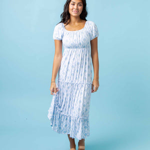 Baby Kids Bamboo Pajamas — Blue-tiful Bloom Women's Puff Sleeve Tiered Maxi Dress — Image 1