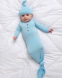 Baby Kids Bamboo Pajamas — Blue Me Away Knotted Gown & Beanie Set — Image 1