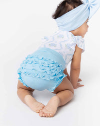 Baby Kids Bamboo Pajamas — Blue Me Away Ruffled Bummies — Image 1