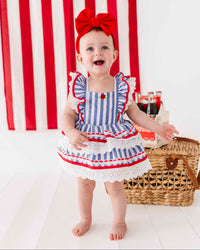 Baby Kids Bamboo Pajamas — Blue Stripe Tiered Ruffle Dress — Image 1