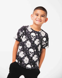 Baby Kids Bamboo Pajamas — Bones and Roses T-Shirt — Image 1