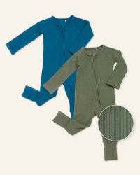 Baby Kids Bamboo Pajamas — Navy or Not + Sage the Day Ribbed Convertible Rompers Bundle — Image 1