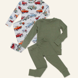 Baby Kids Bamboo Pajamas — Sage the Day + Ruff Ride Long Sleeve Pajama Sets Bundle — Image 1