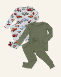 Baby Kids Bamboo Pajamas — Sage the Day + Ruff Ride Long Sleeve Pajama Sets Bundle — Image 1