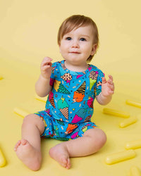 Baby Kids Bamboo Pajamas — Brain Freeze Shortie Romper - Blue — Image 1