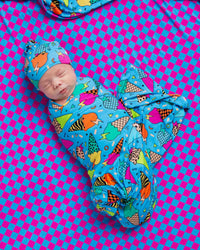Baby Kids Bamboo Pajamas — Brain Freeze Swaddle & Beanie Set - Blue — Image 1