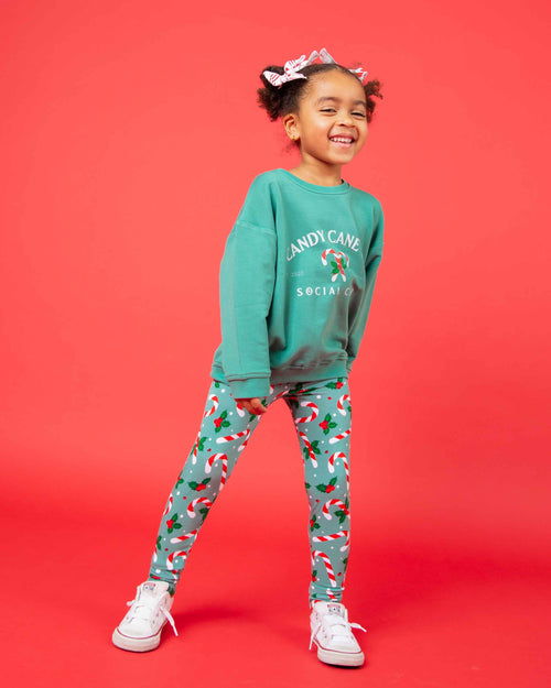 Baby Kids Bamboo Pajamas — Candy Cane Lane Crew Neck Sweatshirt & Leggings Set — Image 5