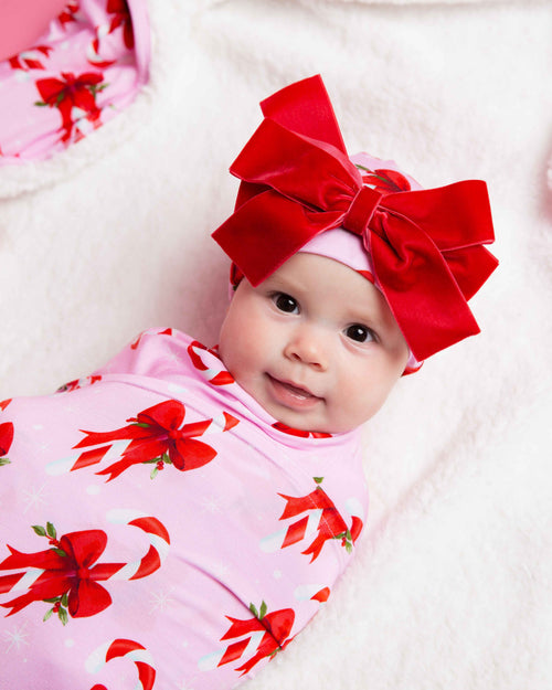 Baby Kids Bamboo Pajamas — Cane You Believe It Swaddle + Cap with Velvet Bow — Image 3