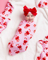 Baby Kids Bamboo Pajamas — Cane You Believe It Swaddle + Cap with Velvet Bow — Image 1