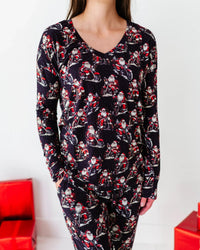 Baby Kids Bamboo Pajamas — Clausin' Trouble Women's Long Sleeve V-Neck Shirt — Image 1