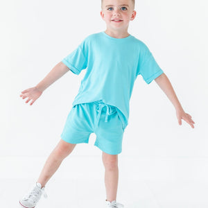 Baby Kids Bamboo Pajamas — Coastal Blue T-Shirt & Shorts Set — Image 1